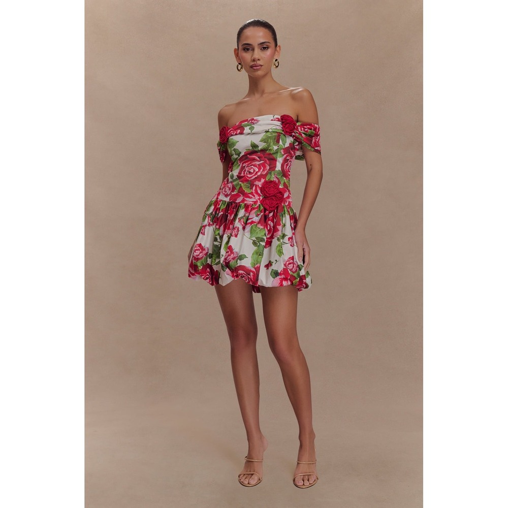 MESHKI Giovanna Off Shoulder Mini Dress Sonia Rose Print Bubble Skirt Size XXS